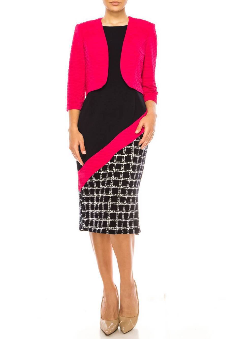 NEW MAYA BROOKE angled contrast print jacket dress in fuchsia navy